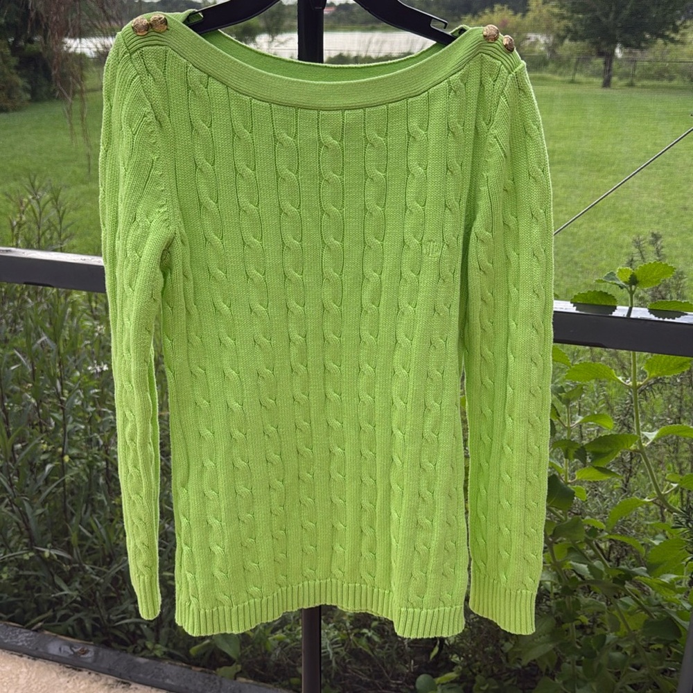 Ralph Lauren lime green cable knit sweater. Boat neck size medium